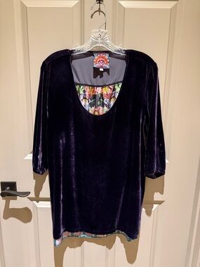 Johnny Was Velvet Tunic in Deep Purple with Floral Silk  Back Panel